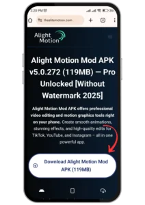 Smartphone screen showing the download button for Alight Motion Mod APK being tapped.