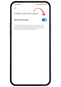 Android settings screen with “Install unknown apps” or “Allow from this source” switched on.