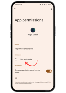 Permission popup showing storage/media access request for Alight Motion Mod APK.