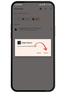 Installation screen with the Install button highlighted for Alight Motion Mod APK.