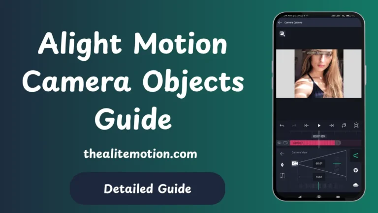 Alight Motion camera object guide showing virtual camera controls, zoom, focus blur, and 3D depth settings.